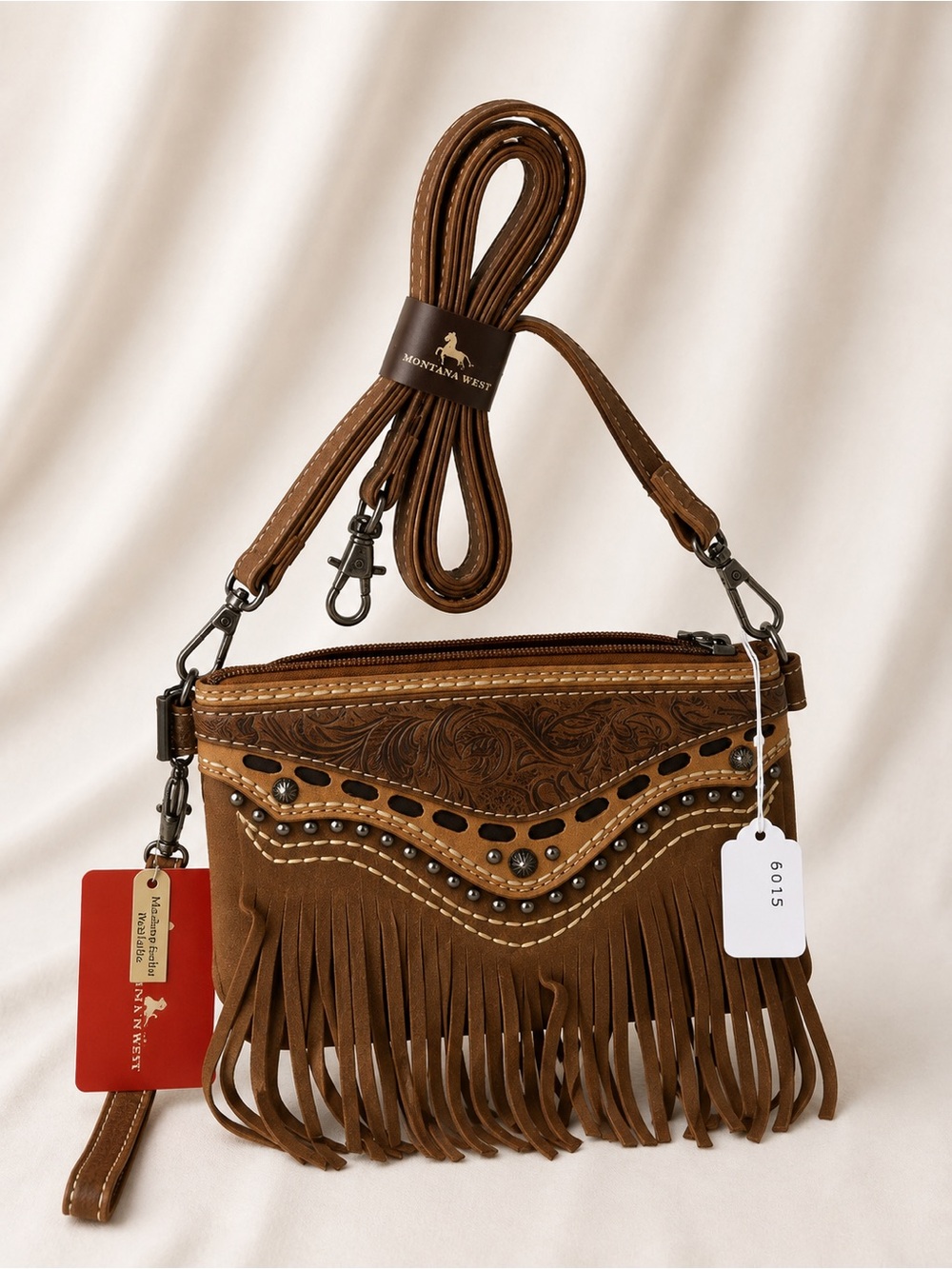 Montana West Tan Fringe Crossbody Bag with Embossed Western Detail